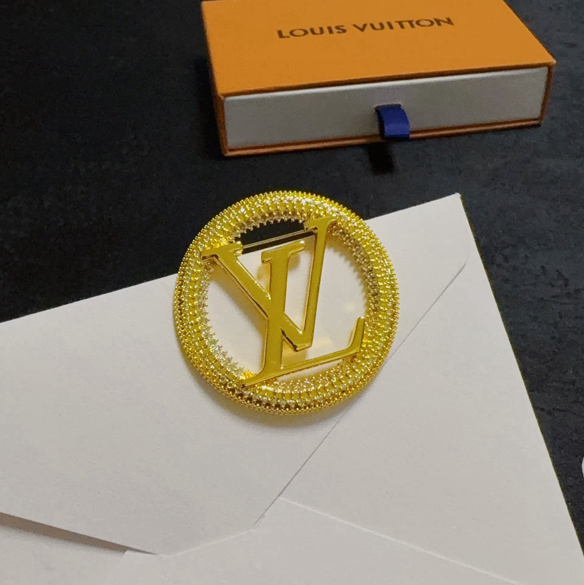 Louis Vuitton Brooch - Gold 'LV' Logo